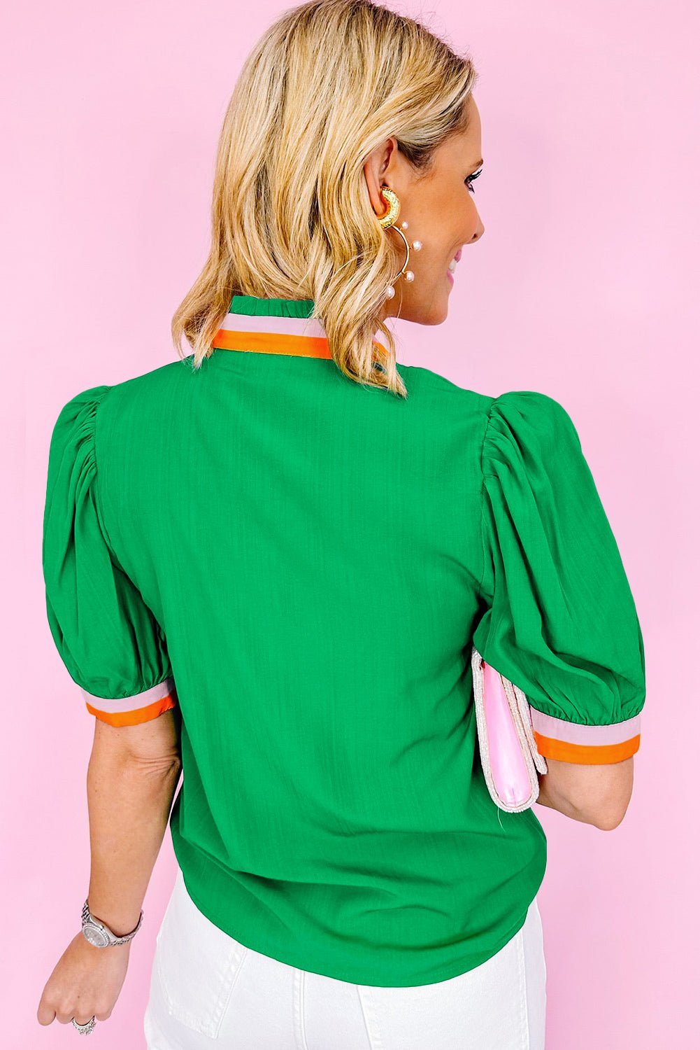 Bright Green Puff Sleeve Pop of Color Neckline Blouse