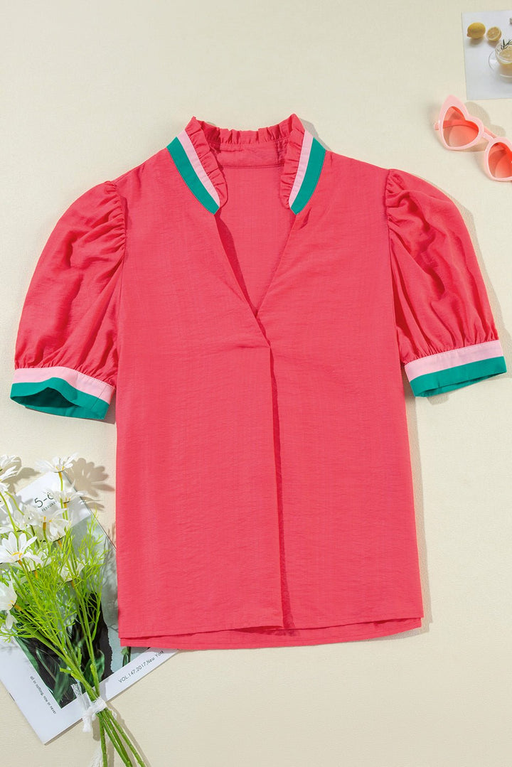 Bright Green Puff Sleeve Pop of Color Neckline Blouse