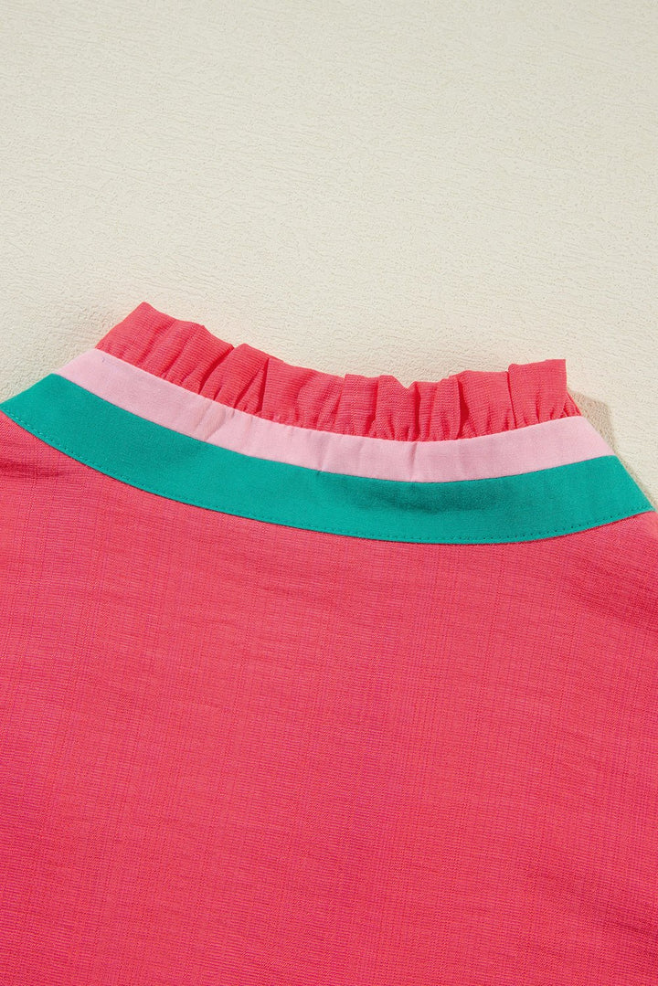 Bright Green Puff Sleeve Pop of Color Neckline Blouse