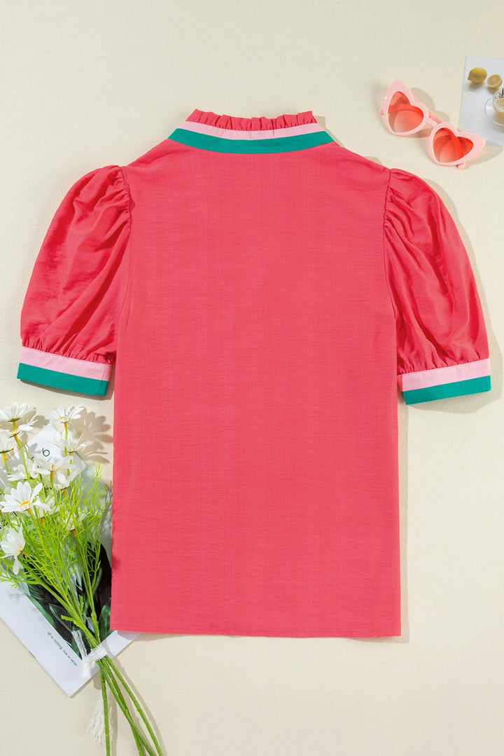 Bright Green Puff Sleeve Pop of Color Neckline Blouse