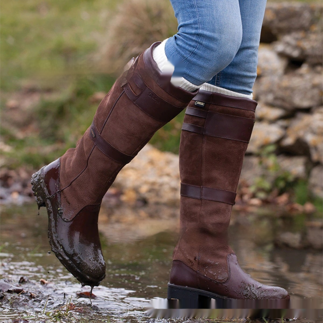 Stylish Women's High Leather Boots with Buckle Details