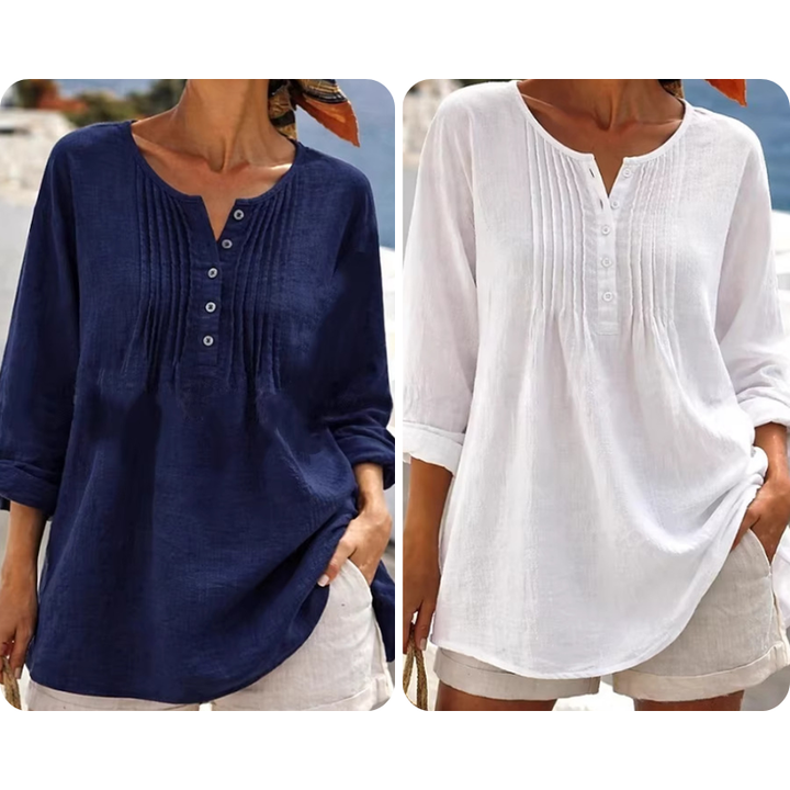 Lujena Long Sleeve Blouse with Pleats and Henley Neckline - Elena Harper