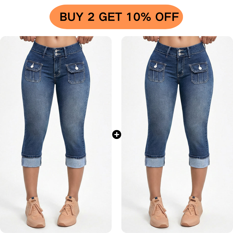 Women's Stretch Denim Capri Pants with Mid-Rise Fit