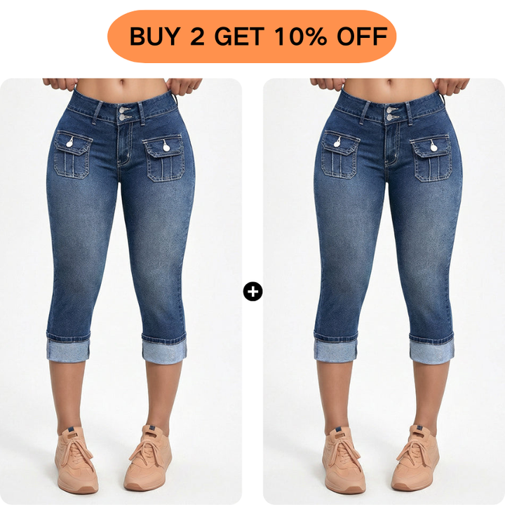 Women's Stretch Denim Capri Pants with Mid-Rise Fit