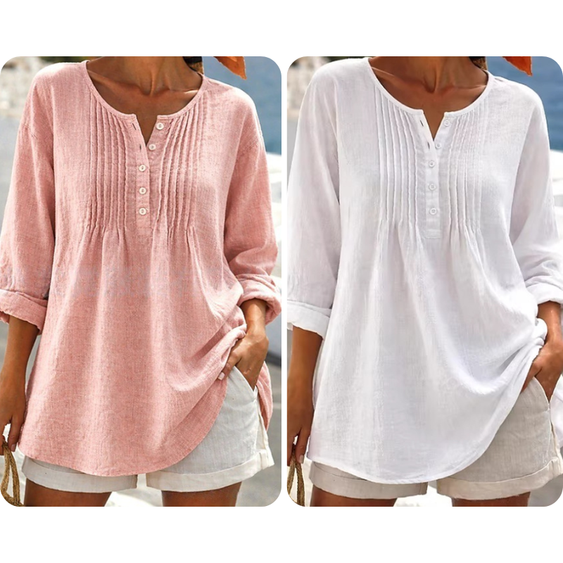 Lujena Long Sleeve Blouse with Pleats and Henley Neckline - Elena Harper
