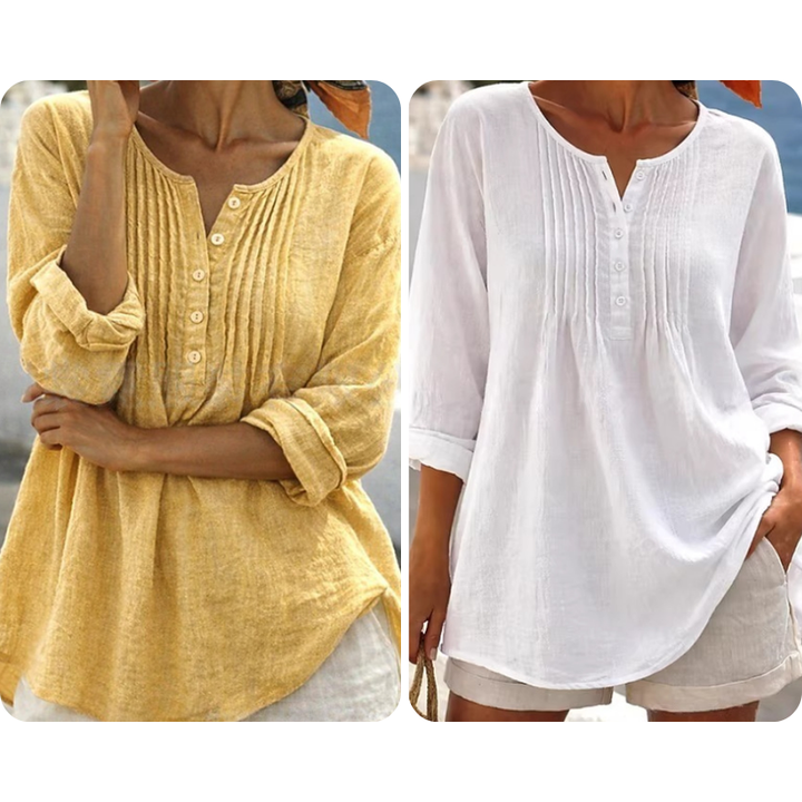 Lujena Long Sleeve Blouse with Pleats and Henley Neckline - Elena Harper