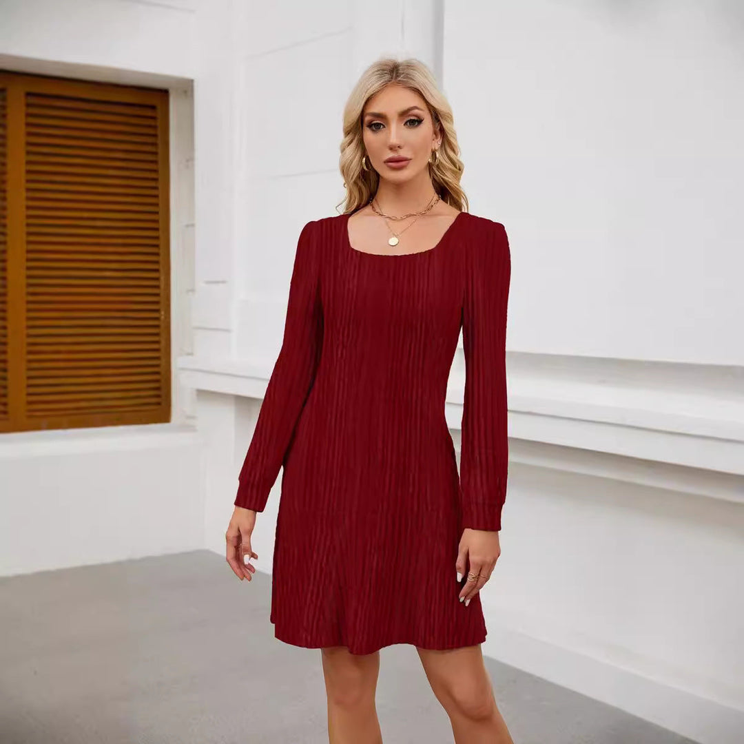 Elegant Short Dress with Long Sleeves and Square Neckline Flattering, view 2 - Elena Harper