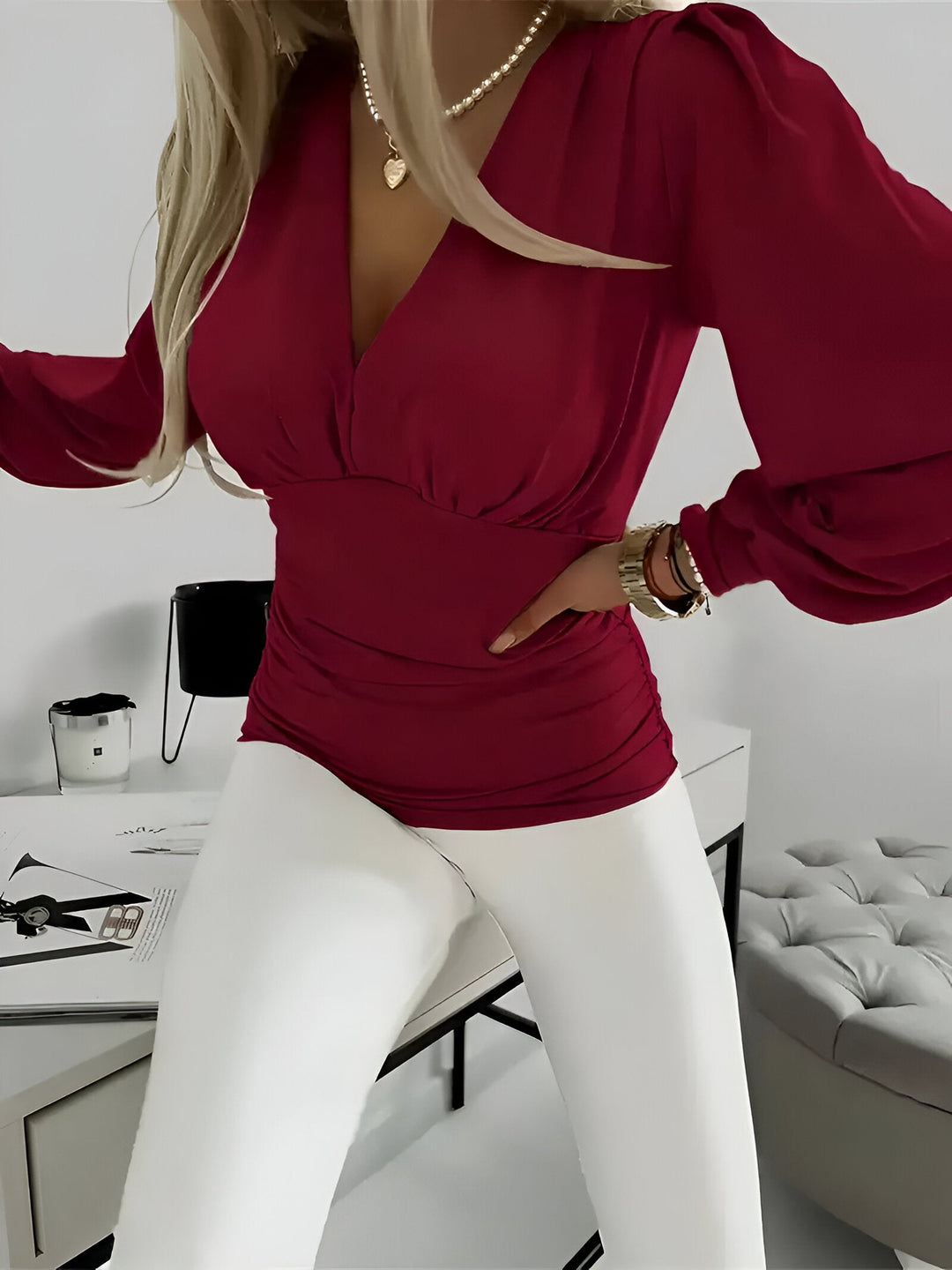 Caylee - Tailored Casual Blouse with Lantern Sleeves