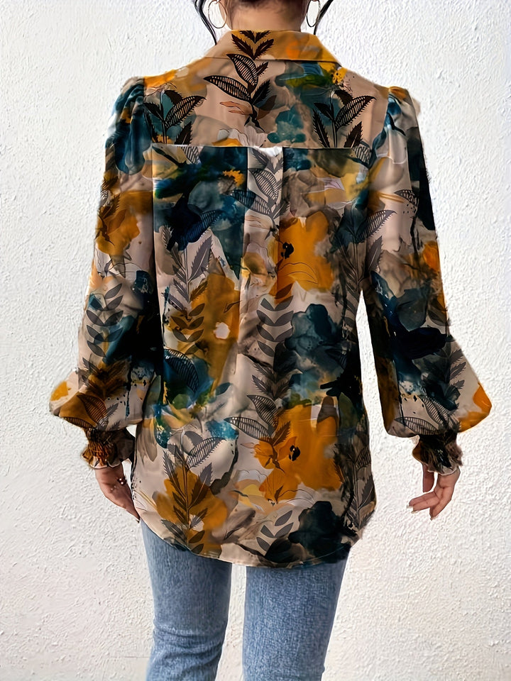 Floral Print Lapel Collar Women's Blouse Sustainable Must-Have Stylish & Comfortable Spring/Summer/Fall, view 3 - Elena Harper