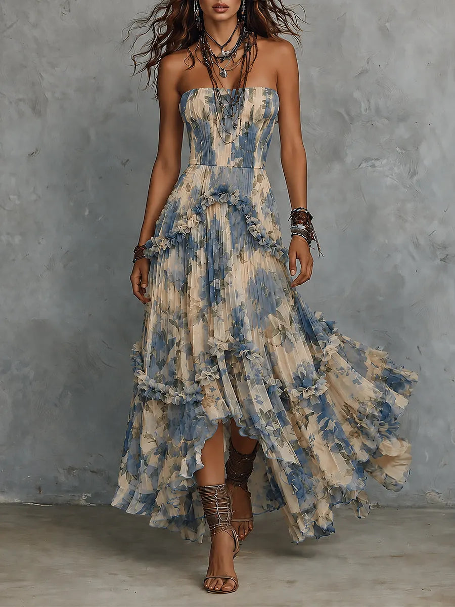 Veronica | Elegant strapless printed chiffon maxi dress with  ruffles