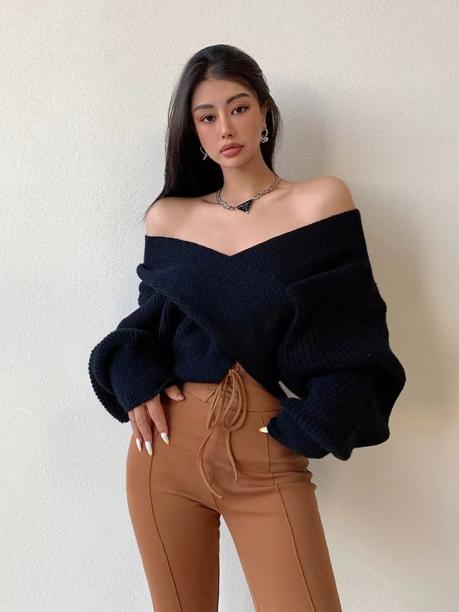 Women's Sweater with V-Neck and Exposed Shoulders - Soft and Modern