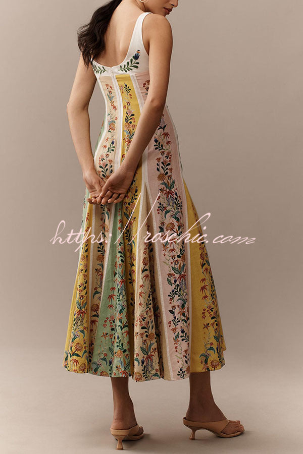 Sweet Garden Linen Blend Color Block Floral Paneled Maxi Dress