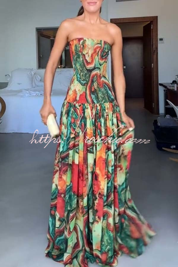 Vacay Vibes Colorful Lava Print Off Shoulder Smocked Scarf Maxi Dress