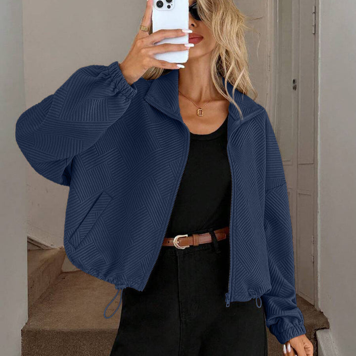 Women's High Collar Zip Jacket – Loose Fit, Drawstring Hem, Casual Autumn-Winter Style