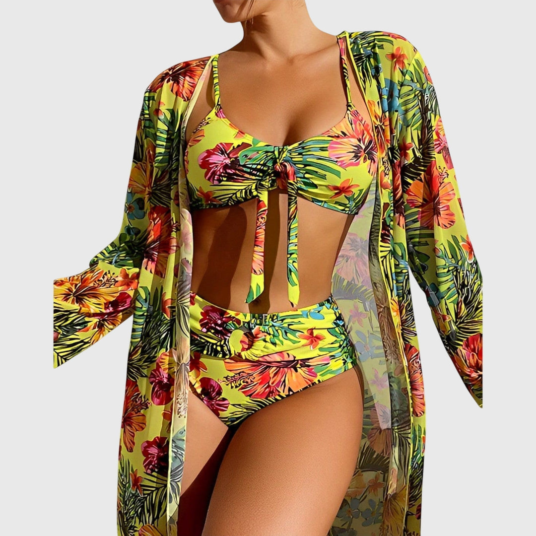 Three-Piece Women's Bikini Tropical Print Knotted Top Matching Kimono