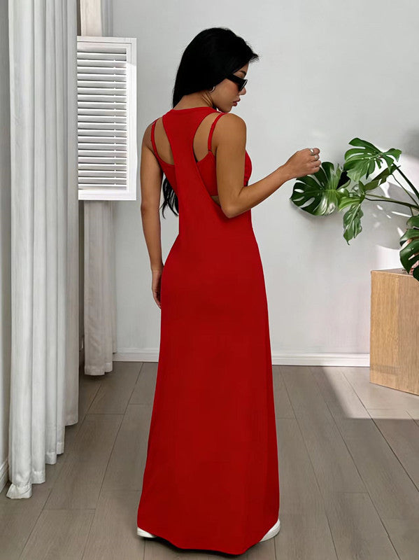 Long women's dress with a two-piece effect and side cutouts