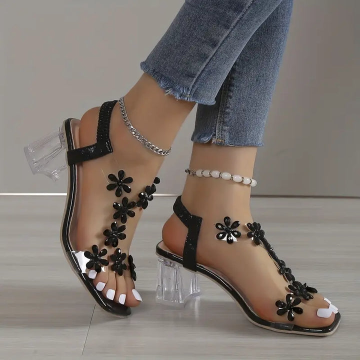 Graciela High Heeled Sandals with Floral Crystals - Elena Harper