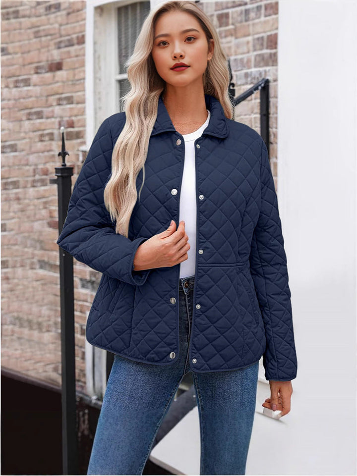 Women's Solid Quilted Jacket – Casual Style with Warm Notched Collar