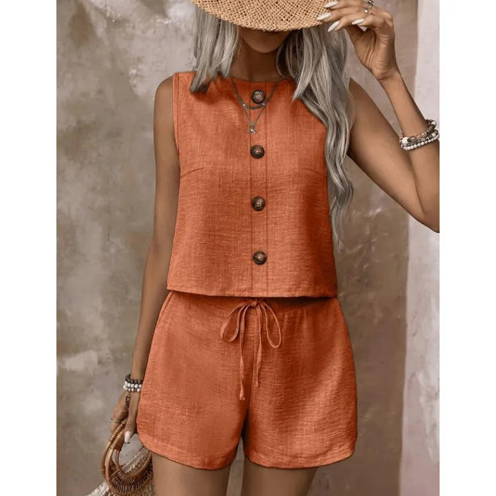 Summer Women's Set with Sleeveless Button Top and Adjustable Shorts
