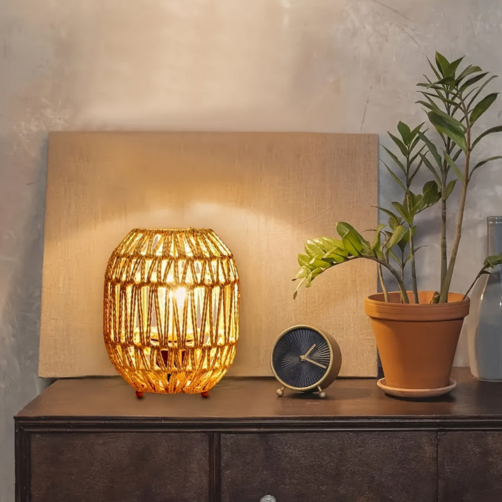 Bohemian Rattan Table Lamp – Handmade Light Accent for Bedroom or Living Space