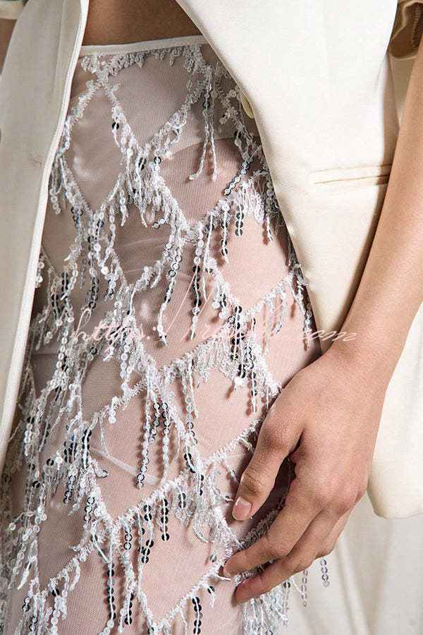 Fashionable Mesh See-through Sequined Tassel Midi Skirt