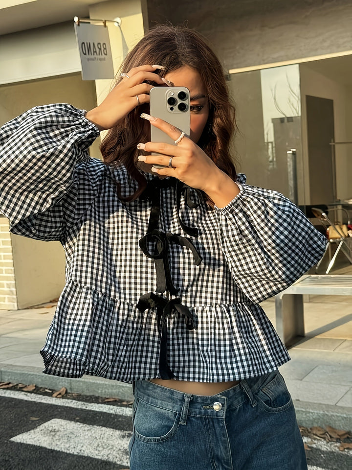 Plaid Bubble Women's Blouse Sustainable Must-Have Stylish & Comfortable Spring/Summer/Fall, view 4 - Elena Harper