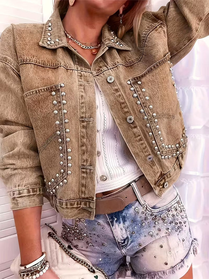 Lieana Denim Jacket with Studs and Buttons, view 2 - Elena Harper
