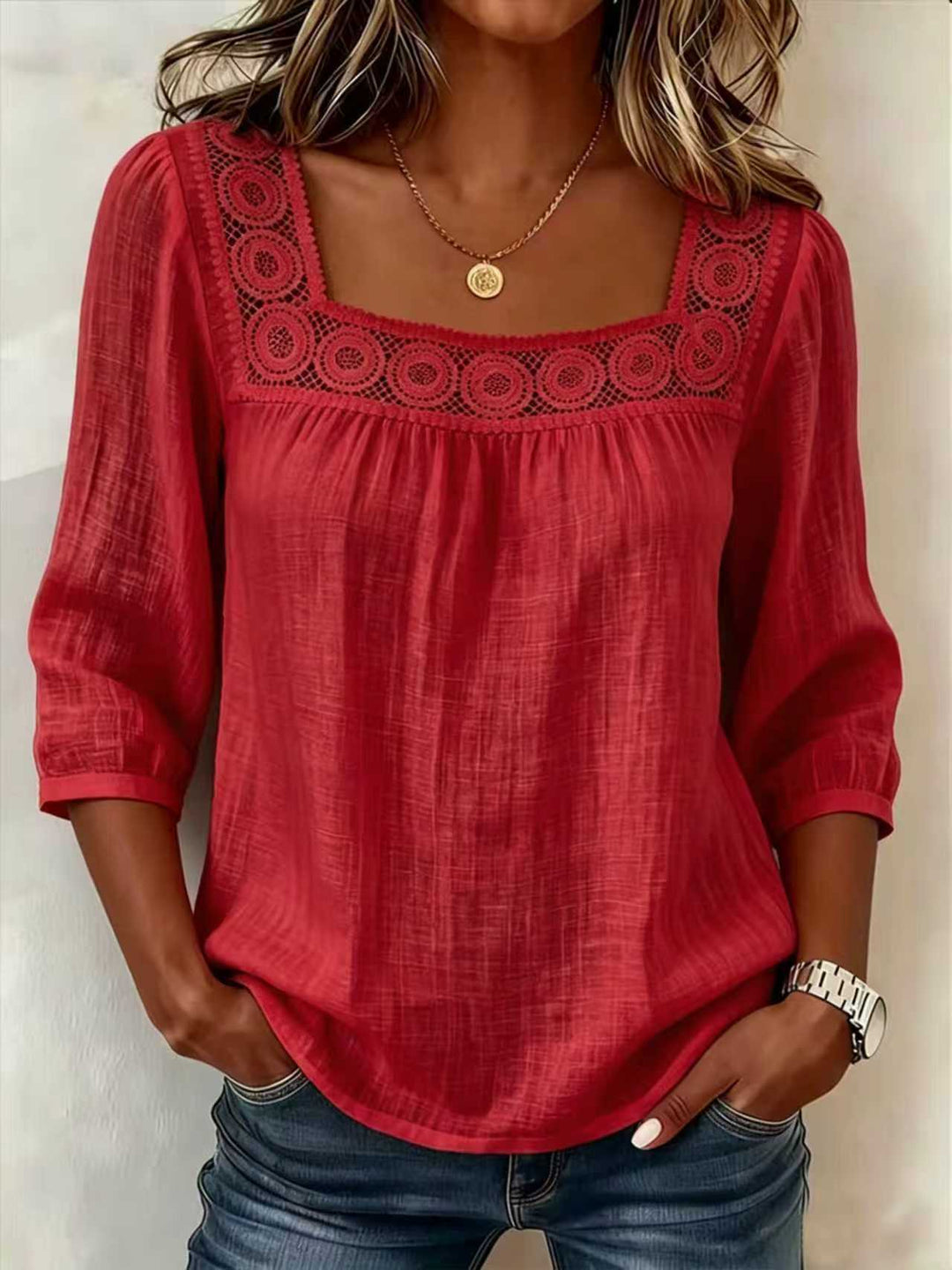 Women's Cotton and Linen Blouse with Square Neckline and Refined Lace