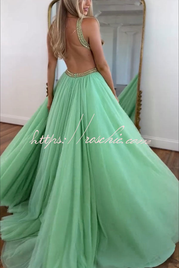 Egyptian Princess Tulle Metal and Gemstone Ornament Cutout Halter Backless Maxi Dress, view 6 - Elena Harper