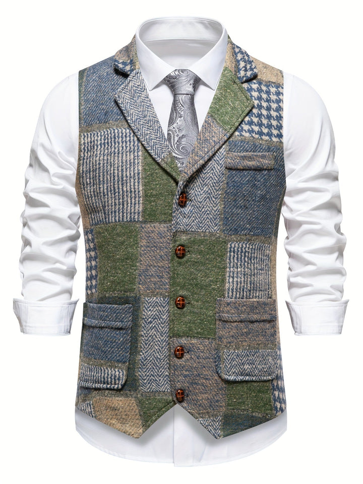 Leo Patchwork Tweed Waistcoat with Herringbone Pattern - Elena Harper