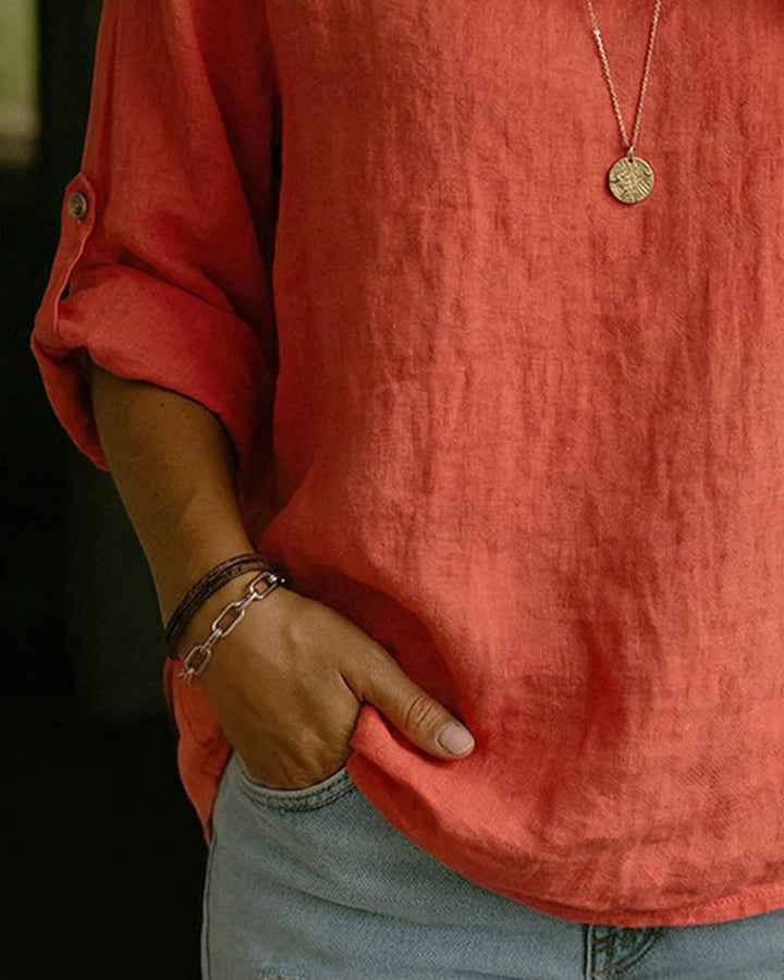Women's Cotton Blouse with Folded Collar, Long Sleeves, Classic Fit