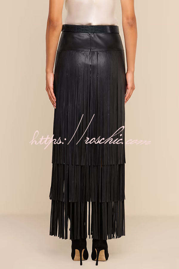 Evie Faux Leather High Rise Three-layer Tassels Stretch Maxi Skirt