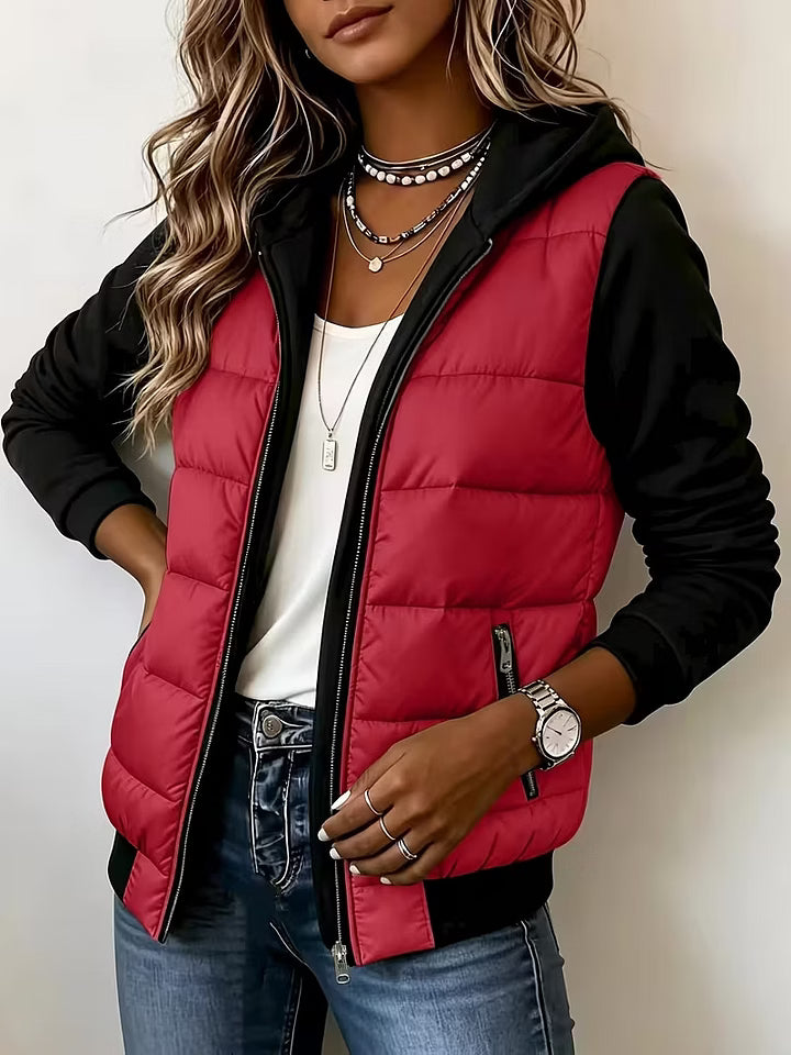 Women's Quilted Jacket with Hood and Contrast Sleeves