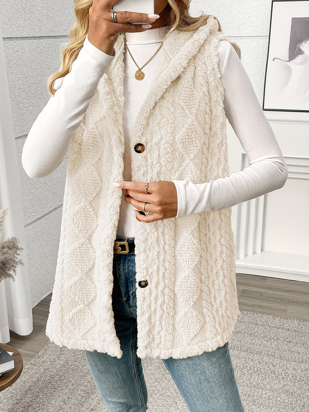 Coralie Textured Hooded Gilet, view 7 - Elena Harper