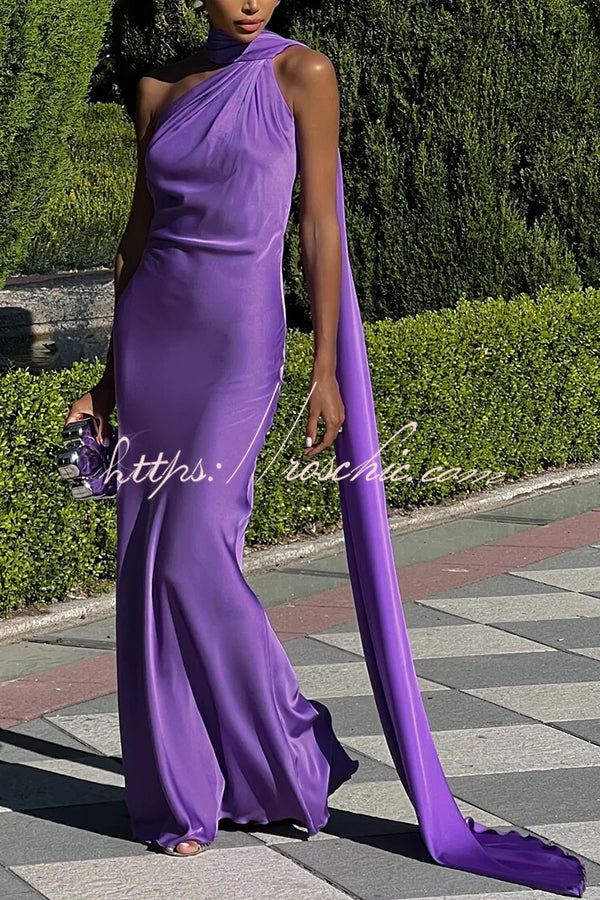 Crush on You Satin One Shoulder Backless Cape Maxi Dress