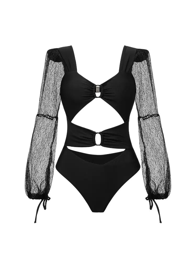 Long Sleeve Sheer Mesh Cutout Swimsuit
