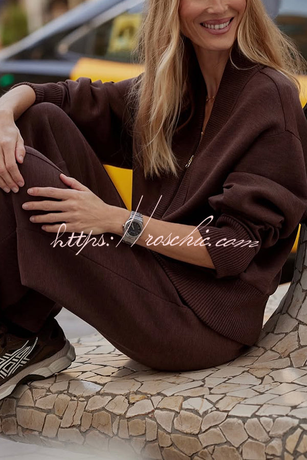 Meet The Autumn Ribbed Zipper Neck Sweatshirt and Elastic Waist Pocketed Loose Pants Set, view 3 - Elena Harper
