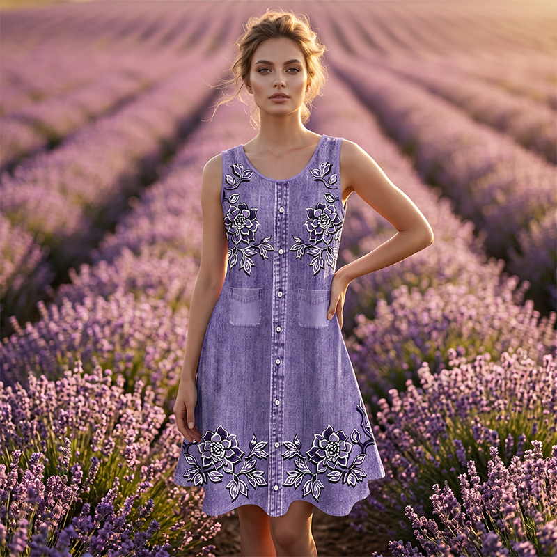 Women's Floral Sleeveless Dress with Front Buttons