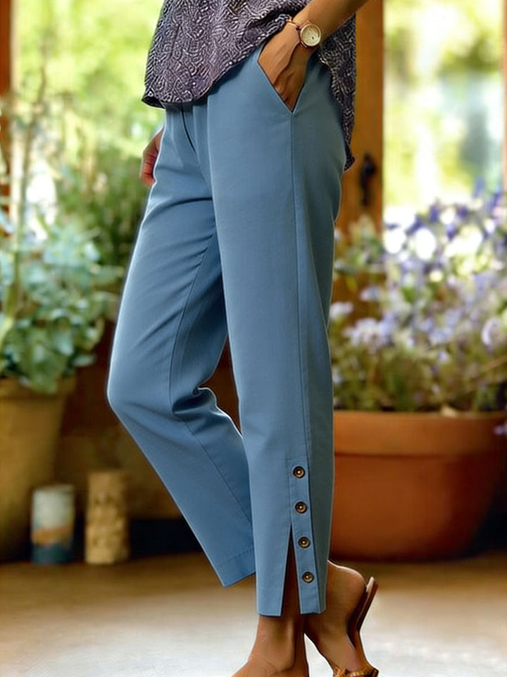 Women's Cotton Linen Casual Fit Elegant Button Slit Pants