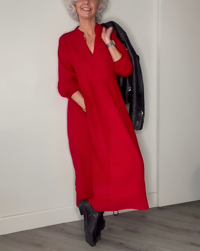 Ladies Long Dress with V-Neck and Long Sleeves
