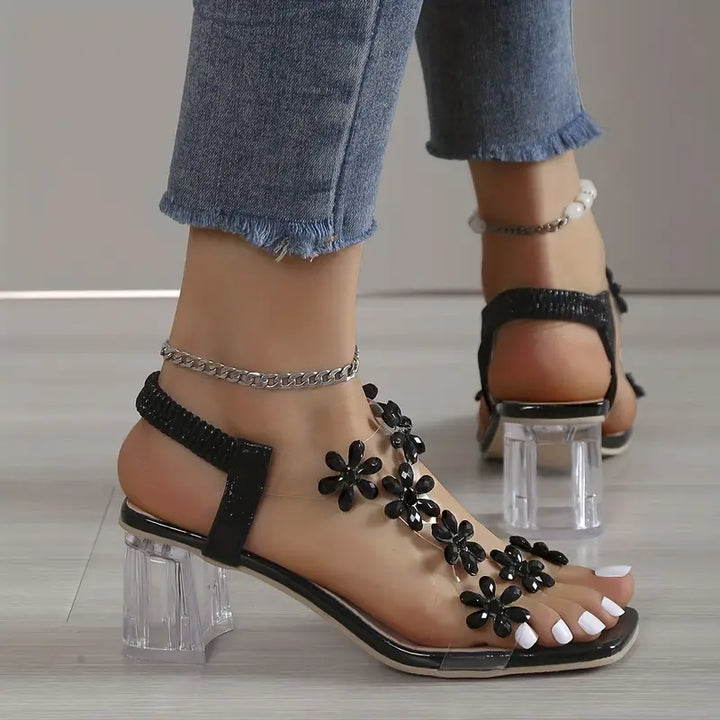 Graciela High Heeled Sandals with Floral Crystals, view 4 - Elena Harper