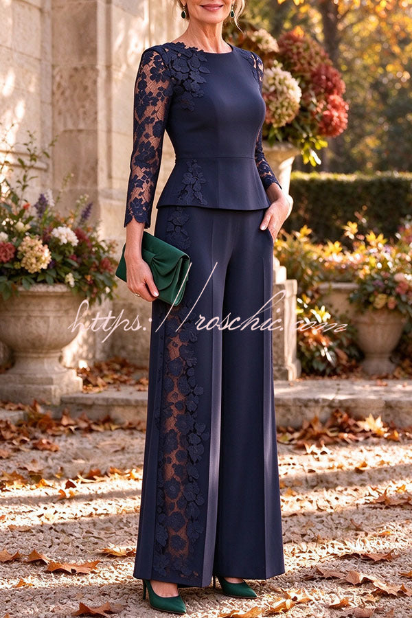 Embroidered Floral Lace Patchwork Flare Hem Top and Elastic Waist Pocket Wide Leg Pants Set