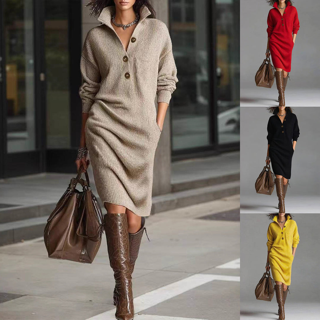 Women's Long Sleeve Knit Dress – High V-Neck with Buttons