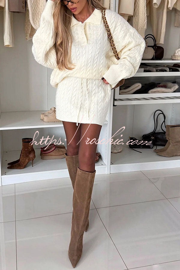 Tanya Cable Knit Button Lapel Loose Sweater and Elastic Waist Mini Skirt Set