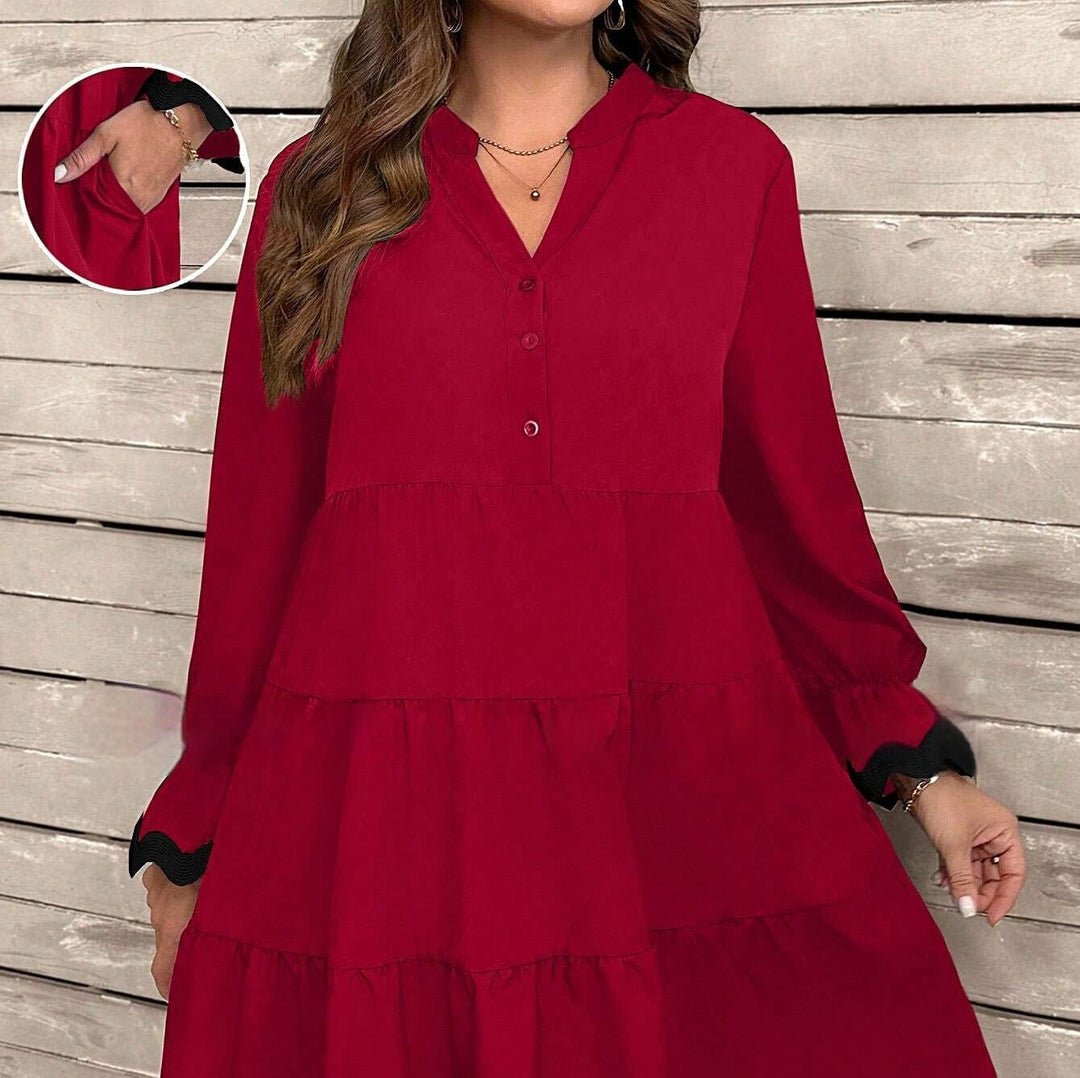 Women's Loose Midi Dress with V-Neck and Long Sleeves