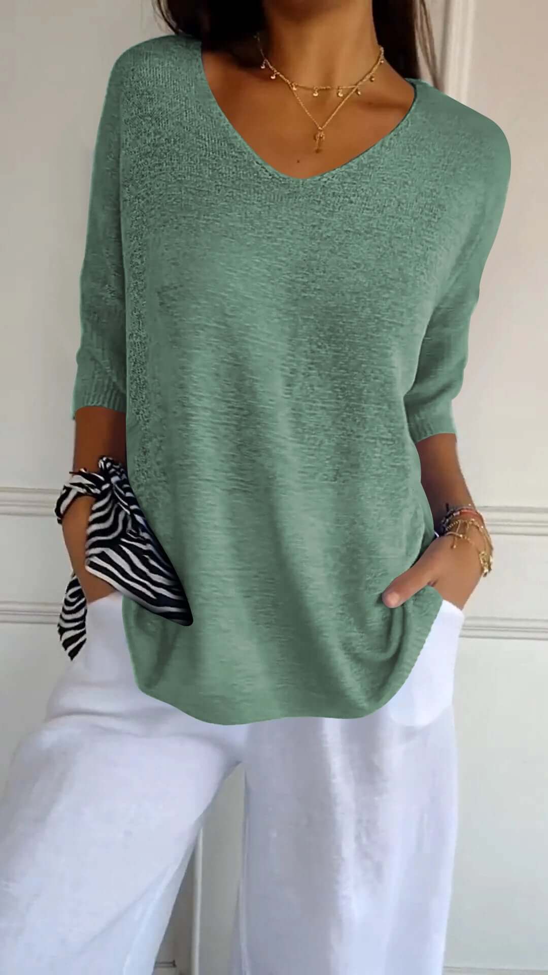 Women's Loose V-Neck Knitted Top, view 6 - Elena Harper