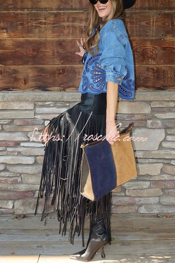 Evie Faux Leather High Rise Three-layer Tassels Stretch Maxi Skirt
