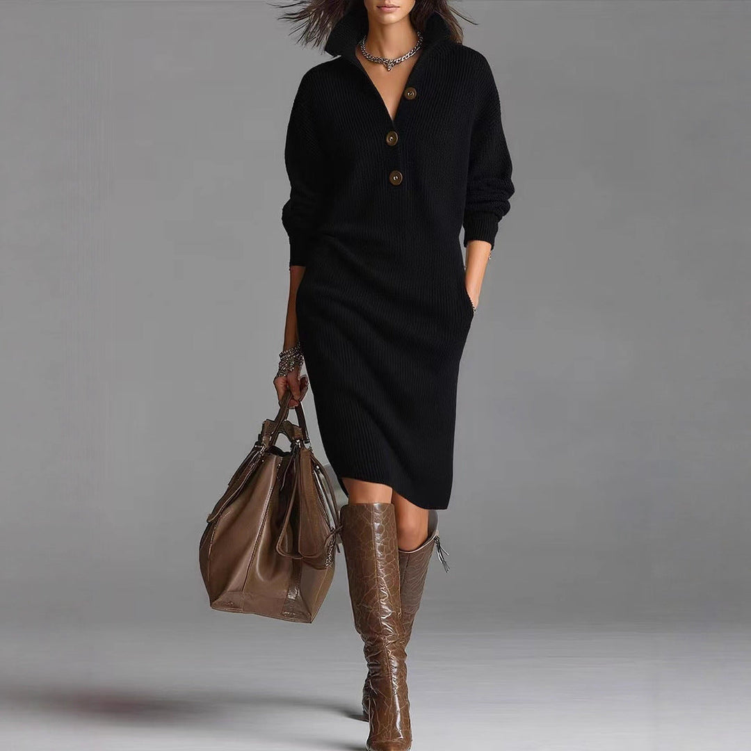 Women's Long Sleeve Knit Dress – High V-Neck with Buttons
