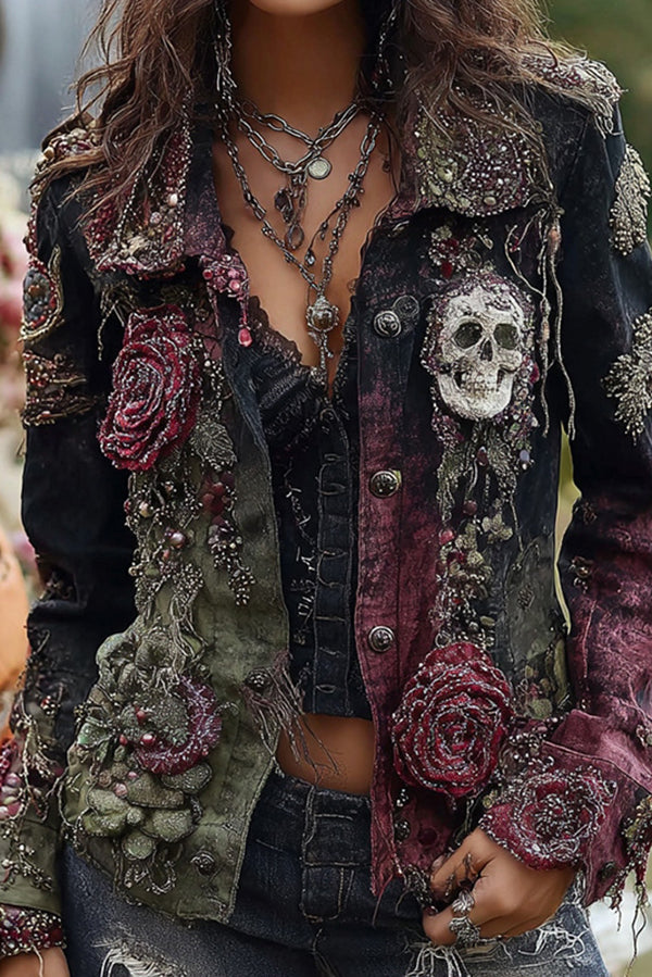 Unique Printed Lapel Long-sleeved Personalized Denim Jacket