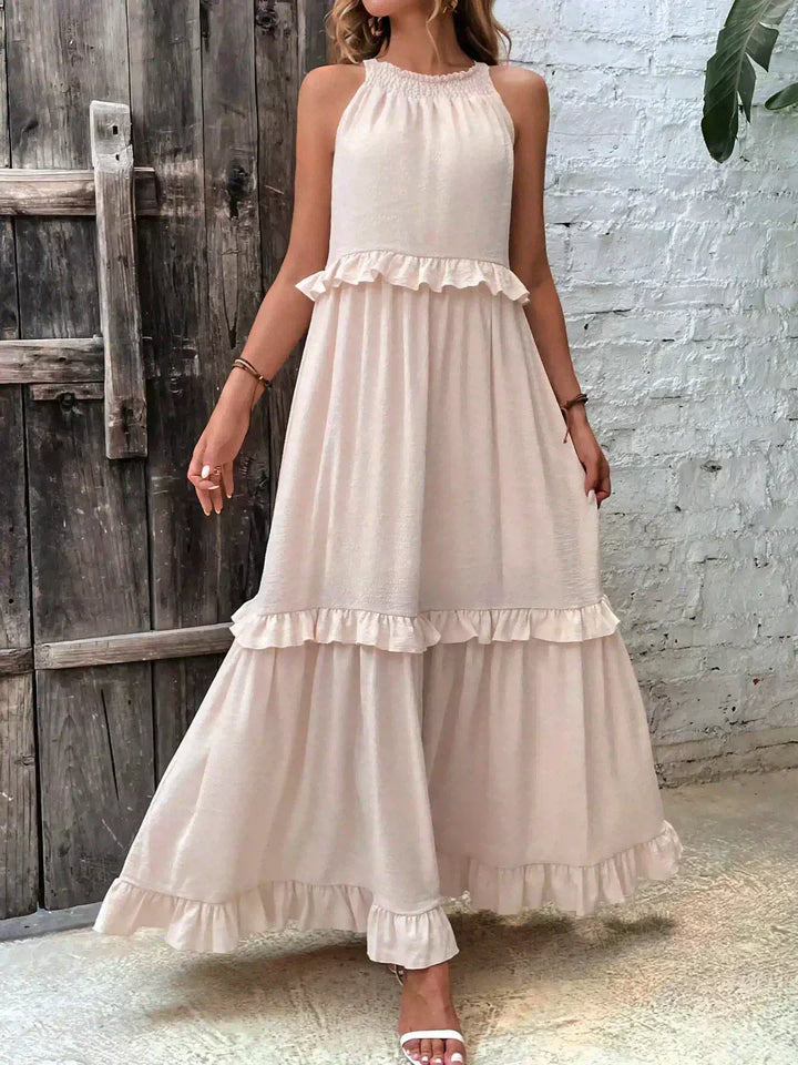 Delilah Elegant Halter Neck Ruffle Trim Dress - Elena Harper